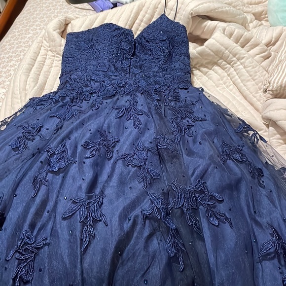 Mesh Applique Plunging Lace Up A Line Dress - Picture 5 of 8